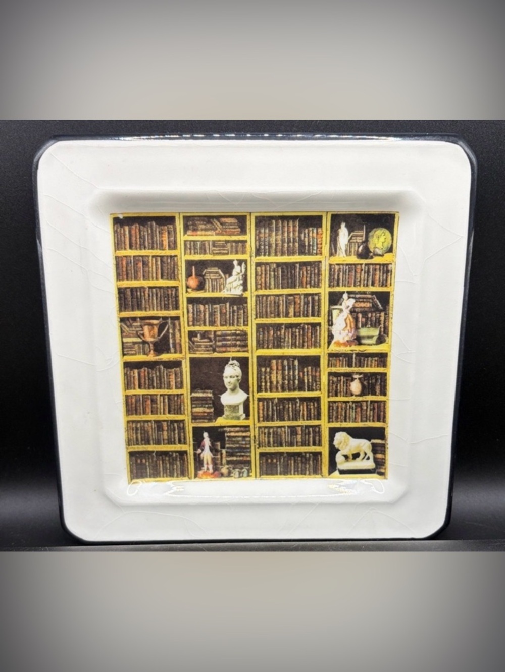 Brunelli Italy Libreria Library Bookshelf Motif Square Ceramic Plate, Tableware